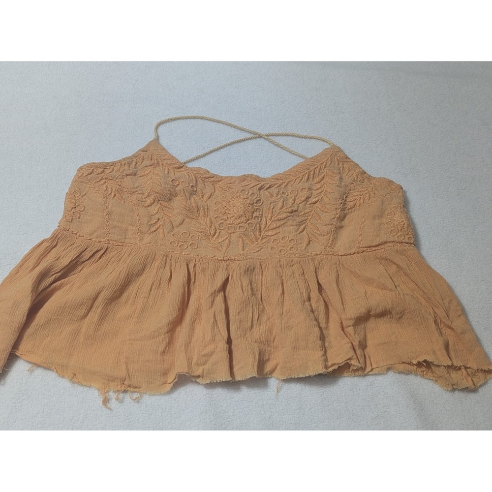Free People Tank Medium Orange Crop Embroidered Raw Hem Boho‎ Beachy